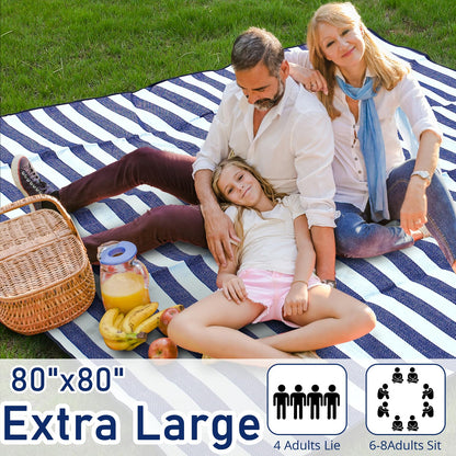 Timirock Striped Picnic Blankets 80” x 80” Extra Large Waterproof and Foldable Beach Blanket, Oversized Blue and White Outdoor Blanket for Camping, Travel, Park, Grass, Patio (Blue & White, 80" x 80")