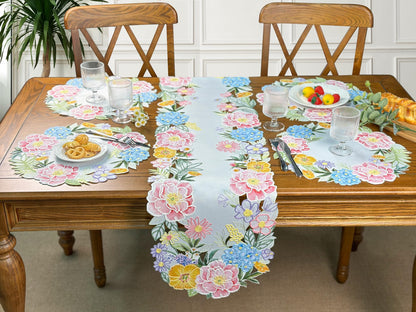 KEVA Floral Spring Table Runner 13x72inch, Flower Cutwork Embroidered Table Runner & PLACEMAT, Easter Seasonal Spring Table Decorations for Kitchen Dining Table (13x72')