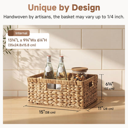 StorageWorks Large Rectangular Wicker Basket, Water Hyacinth Storage Basket with Built-in Handles, 1 Pack