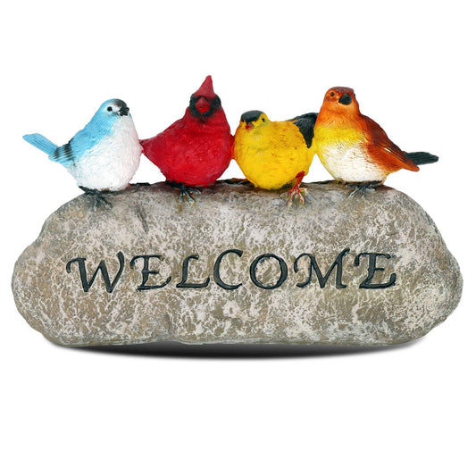 memeyou Bird Welcome Sign Stone Statue for Yard Patio Lawn Multicolored Indoor Outdoor Outside Birdy Garden Decor Funny Fairy Ornaments Figurine Home Decorations