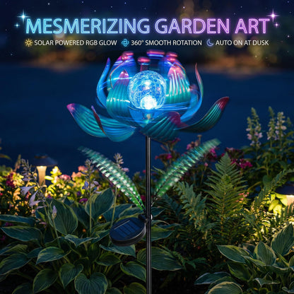 Solar Wind Spinner Outdoor Metal - Kinetic Lotus Flower Garden Sculptures & Spinners with Crackle Glass Lighting, 360° Spinning Yard Art Decor for Patio, Lawn, Pathway, Gifts for Women