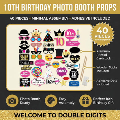 10th Birthday Photo Booth Props - 40 Pieces - Funny Birthday Party Supplies for Him or Her - Photo Booth Decorations, Favors and Gifts