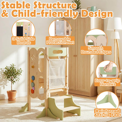 XYMERO 6 in 1 Toddler Tower with Removable Ladder, Foldable Wooden Kitchen Step Stool for Kids, Adjustable Children Helper Tower for Baby, Standing Tower with Safety Equipment and Black Board