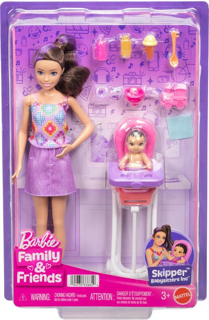 Barbie Skipper Babysitters, Inc. Playset with Brunette Doll, Brunette Toddler Doll, High Chair & 8 Accessories Including Food
