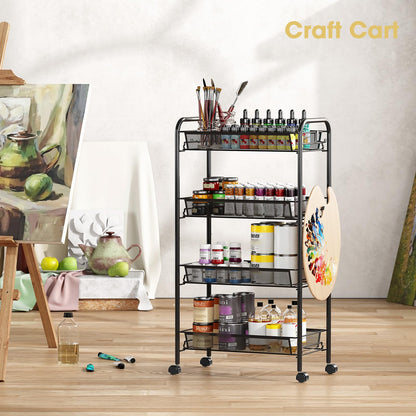 TOOLF 4-Tier Rolling Cart, Metal Utility Cart with 3 Hooks, Easy Assemble Mobile Storage Trolley On Wheels, Metal Shelving Units Kitchen Bathroom Laundry Room