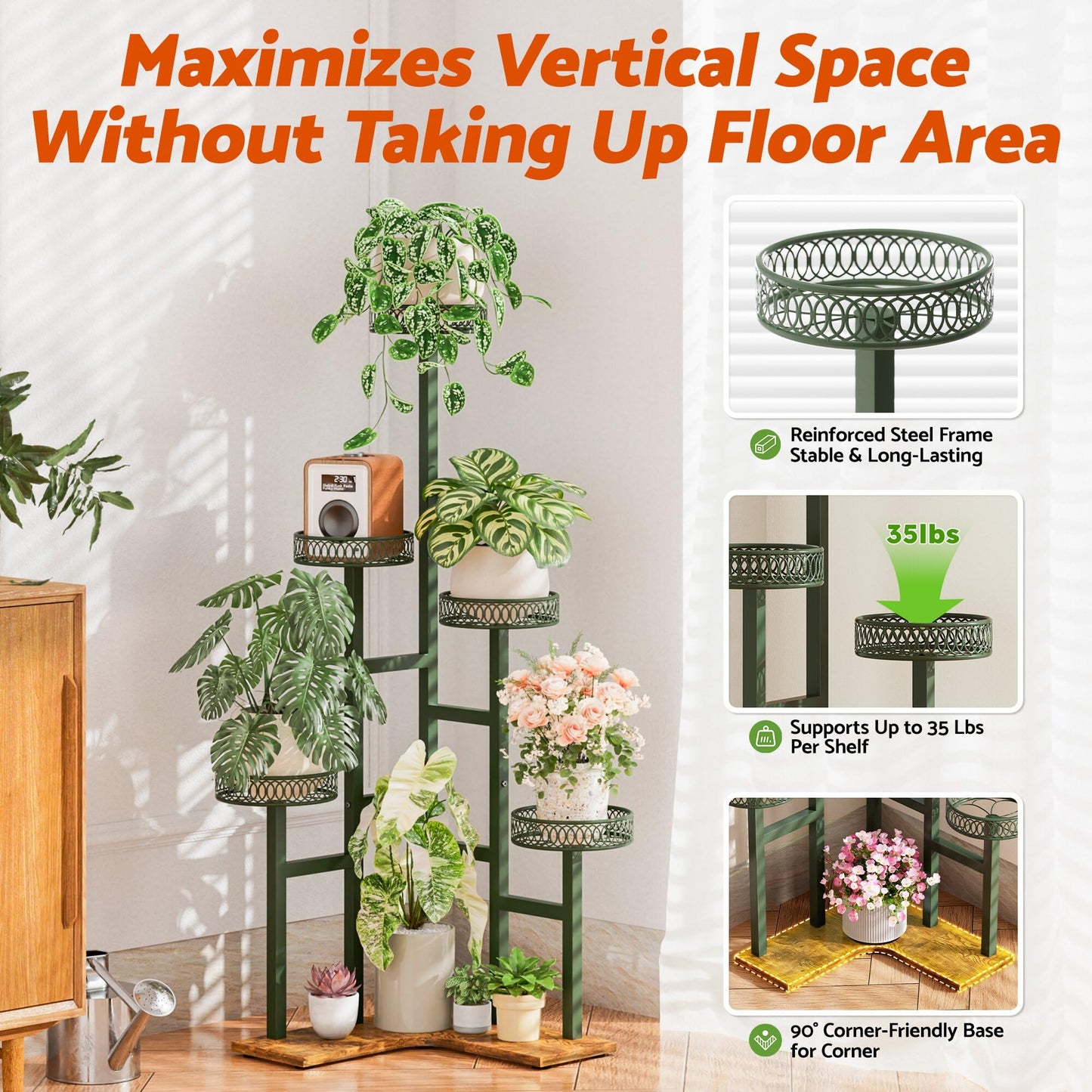 NQW Plant Stand 6 Tier Indoor Metal Wood Flower Shelf for Indoor Outdoor Corner Tall Flower Holders for Garden Balcony Living Room Bedroom