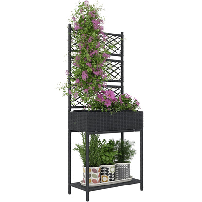 Outsunny Raised Garden Bed with Trellis, Outdoor Wicker Planter, Freestanding Rattan Planter Stand with Storage Shelf for Climbing Plants, Flowers, Herbs, Vegetables, Black