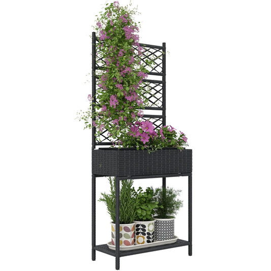 Outsunny Raised Garden Bed with Trellis, Outdoor Wicker Planter, Freestanding Rattan Planter Stand with Storage Shelf for Climbing Plants, Flowers, Herbs, Vegetables, Black
