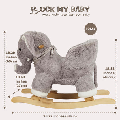 Baby Rocking Elephant, Plush Toddler Rocker with Music & Safety Seat, Sturdy Wooden Ride-On Toy for 1-3 Years, Soft Animal Rocking Horse, CPC Certified (Gray Elephant)