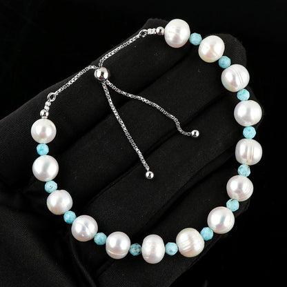 CRYSTALIS Natural Larimar And Freshwater Pearl Beaded Bracelet, Elegant Beads Crystal, Chakra Bracelet, Healing Bracelet, Gemstone Jewelry, 925 Sterling Silver Slider 10 inch