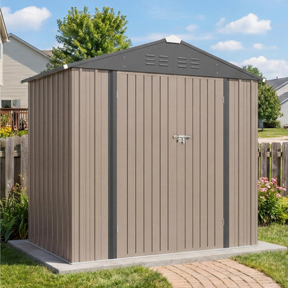 Greesum 6x4FT Outdoor Storage Shed with Base, Utility Tool Shed with Sloping Roof, Metal Storaged Garden Shed with Door & Lock for Patio Storage, Brown