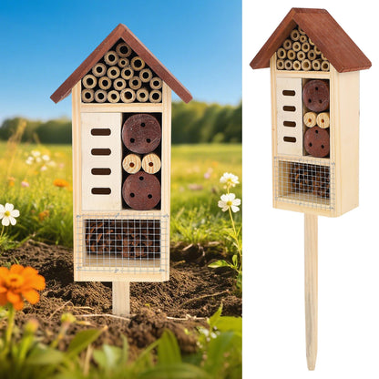 Lulu Home Wooden Insect House with Stake, Hanging & Inserting Two Mount Ways Insect Hotel for Bee, Butterfly, Ladybirds, Beneficial Insect Habitat, Bug Hotel Garden, 19.7 X 3.4 X 5.4 Inch