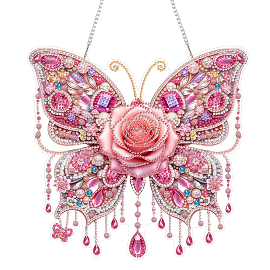 Yunzlly DIY Hanging Diamond Art Pendant Kit, Special Crystal Double Sided Diamonds Painting Ornament Kit for Adults, Acrylic Gem Painting Board for Window&Door&Wall (Pink Butterfly)