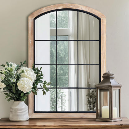 IPOUF Farmhouse Arch Wood Window Mirror, 24X36 Decorative Arch Wall Mirror, Wood Framed Rustic Mirror Metal Inner Frame Wall Decor for Entryway & Living Room,Natural