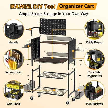 Tool Cart on Wheels, 4-Tier Metal Rolling Utility Cart with Pegboard & Storage Baskets, 242.5 lbs Heavy Duty Tool Storage Organizer for Garage, Workshop and DIY Projects