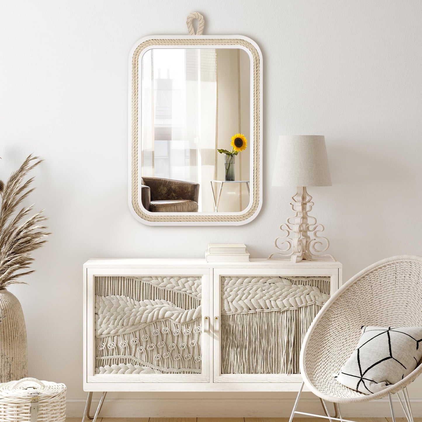 Nautical Rope Mirror Rectangle Wooden 22''Lx16''W White Decorative Mirror Farmhouse Hanging for Bathroom,Livingroom,Entryway-Beachy Coastal Wall Mirror Decor
