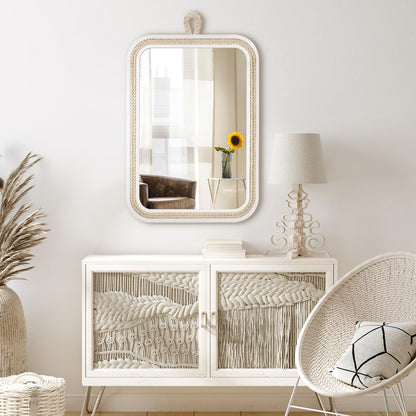 Nautical Rope Mirror Rectangle Wooden 22''Lx16''W White Decorative Mirror Farmhouse Hanging for Bathroom,Livingroom,Entryway-Beachy Coastal Wall Mirror Decor