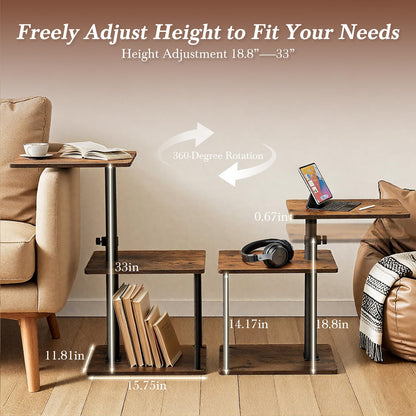 Faesun 360° Swivel Side Table for Height Adjustable, C Shaped End Table for Couch with Storage, 3-Tier Night Stand with Open Shelf, Tv Tray for Small Spaces, Living Room, Bedroom, Rustic Brown