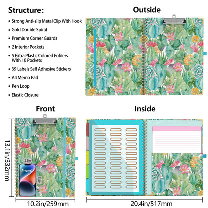 Clipboard Folder with Notepad Refillable Lined for Letter Size (11" x 8.5"), 5 Dividers with Storage 10 Pockets, Cute Spiral Foldable Clipboard with Metal Clip School Office Supplies(Cactus Flowers)