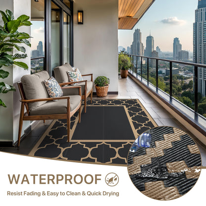 GENIMO Outdoor Rug 8' x 10' Patio Waterproof, Foldable Reversible Plastic Straw Area Rugs Mat for Camper Decor, Outside Carpet for Rv, Deck, Porch, Picnic, Beach, Balcony, Black & Brown