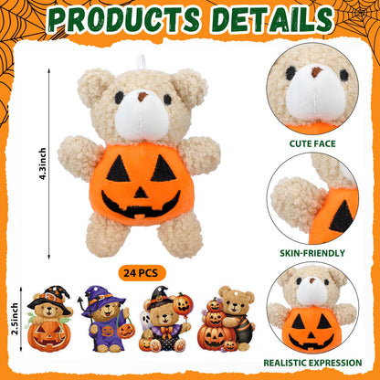 Hiboom 24 Set Halloween Mini Plush Stuffed Bear Gift Set 4 Inch Animal Bear in Pumpkin Soft Doll Classroom Exchange Keychain Gifts for Halloween Birthday Party Favors