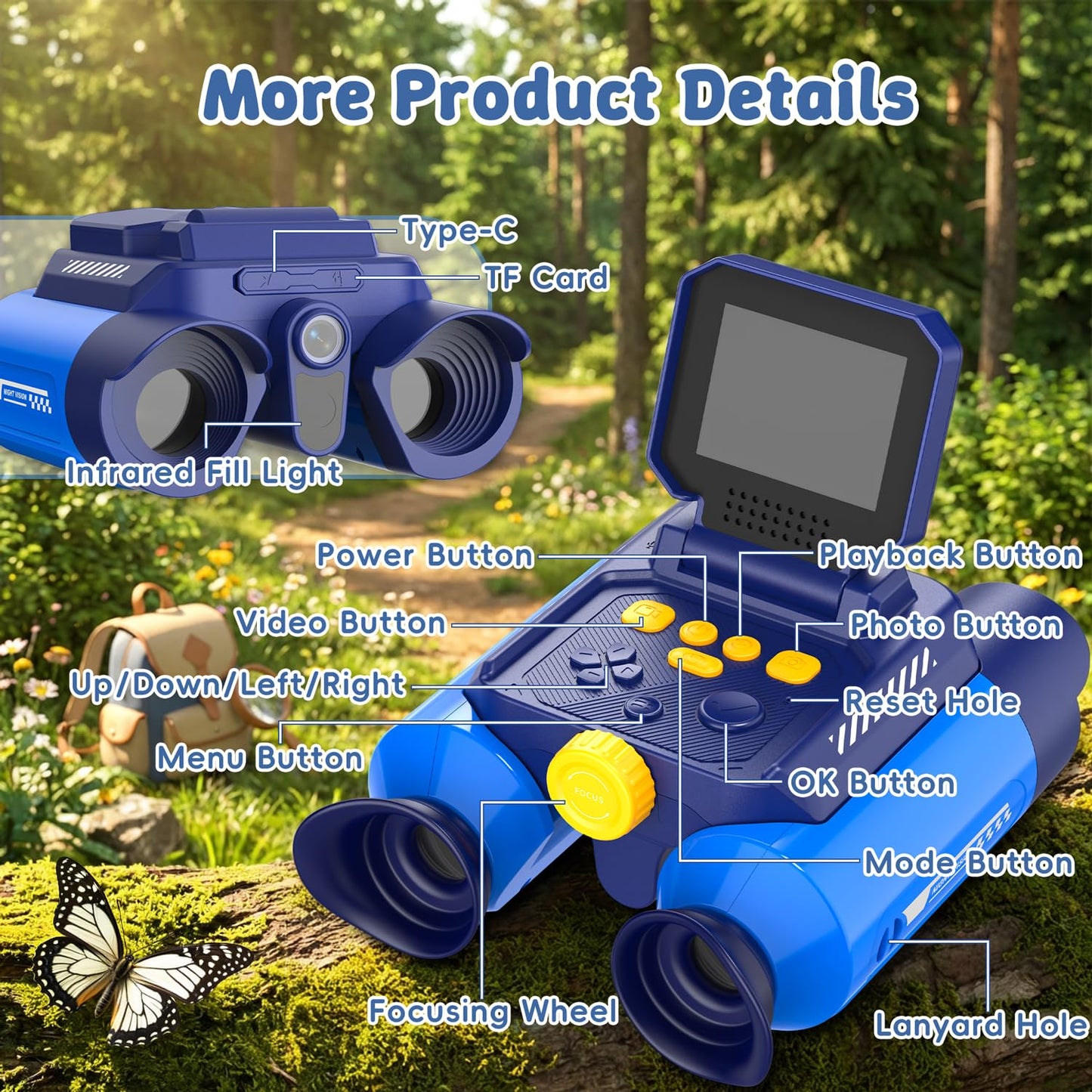 OAEBLLE Nature Exploration Toys, 2.4" IPS Screen Digital Wildlife Camera with Night Vision & 10X Zoom, Kids Outdoor Play Equipment for Children Ages 4-8 8-12, Bird Watching Camping Gifts for Boy Girls