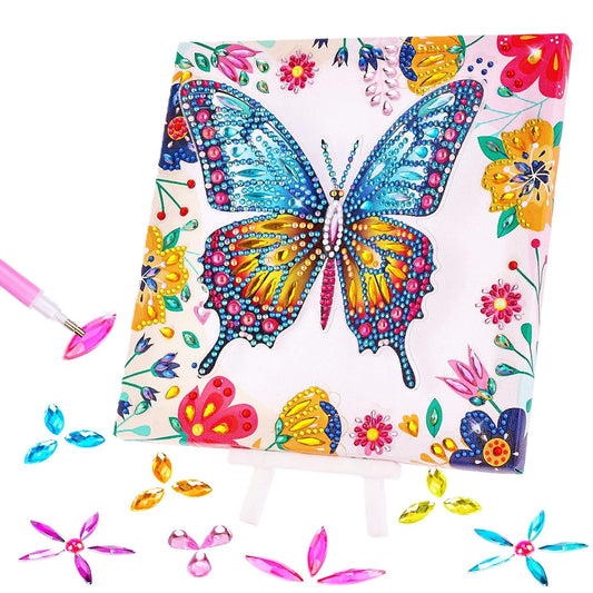 Cymbana Arts and Crafts for Kids Age 8-12, 3D Butterfly Diamond Art Kits, Gifts for Kids Age 6 7 8 9 10 with Plastic Easels DIY Gem Art Foldable Clear Butterfly Painting with Frame for Home Decor