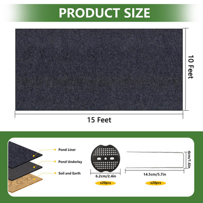 HZCGJMY Pond Liner Non-Woven Geotextile Underlayment 10 x 15 Feet Thickened Outdoor Ponds Underlayment Landscape Fabric Kit with 20 U-Pins and Gaskets for Ponds, Fish Koi, Waterscape