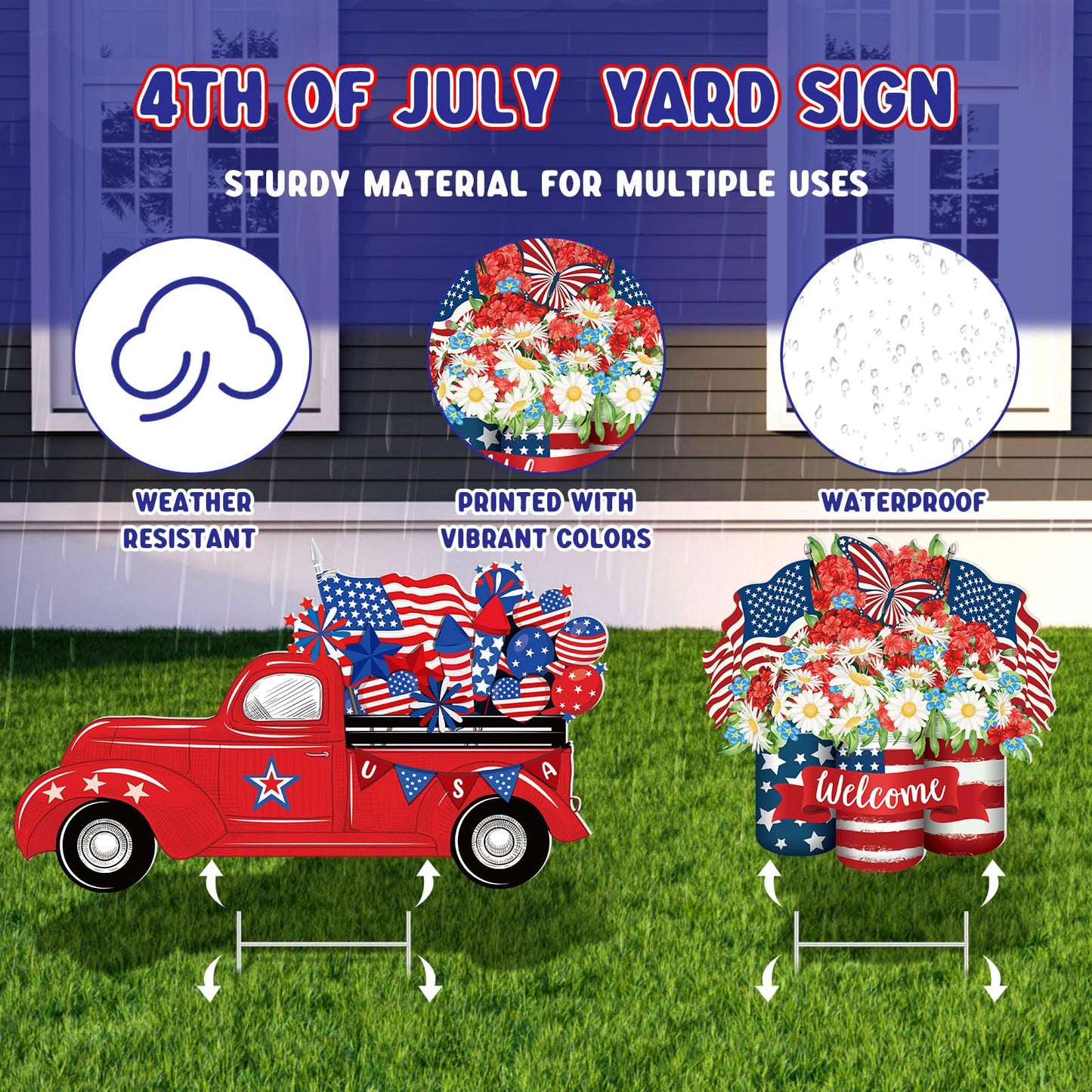 2 Psc 4th of July Yard Sign Patriotic Decorations Outdoor 250th Anniversary Memorial Day Welcome Sign with Stakes Weatherproof Independence Day Truck Flower Home Yard Decor for Garden Lawn