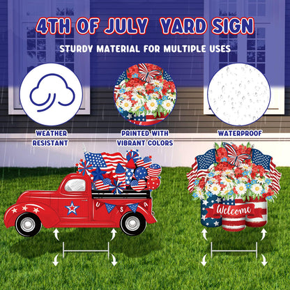 2 Psc 4th of July Yard Sign Patriotic Decorations Outdoor 250th Anniversary Memorial Day Welcome Sign with Stakes Weatherproof Independence Day Truck Flower Home Yard Decor for Garden Lawn