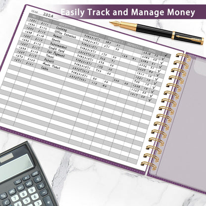 HAUTOCO Hardcover Accounting Ledger Book for Small Business Bookkeeping Horizontal Money Expense Tracker Notebook with 2 Storage Pouch, Personal Columnar Log Journal 10.78 x 8'', Deep Purple