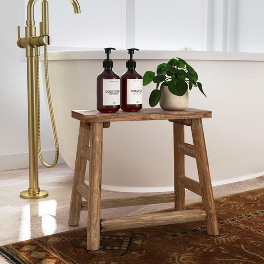 East at Main Rustic Solid Wood Accent Stool – Small Wooden Stool for Bathroom, Entryway or Living Room – Natural Handcrafted Stool for Décor, Plant Stand or Foot Rest – Farmhouse Vintage Wood Stool