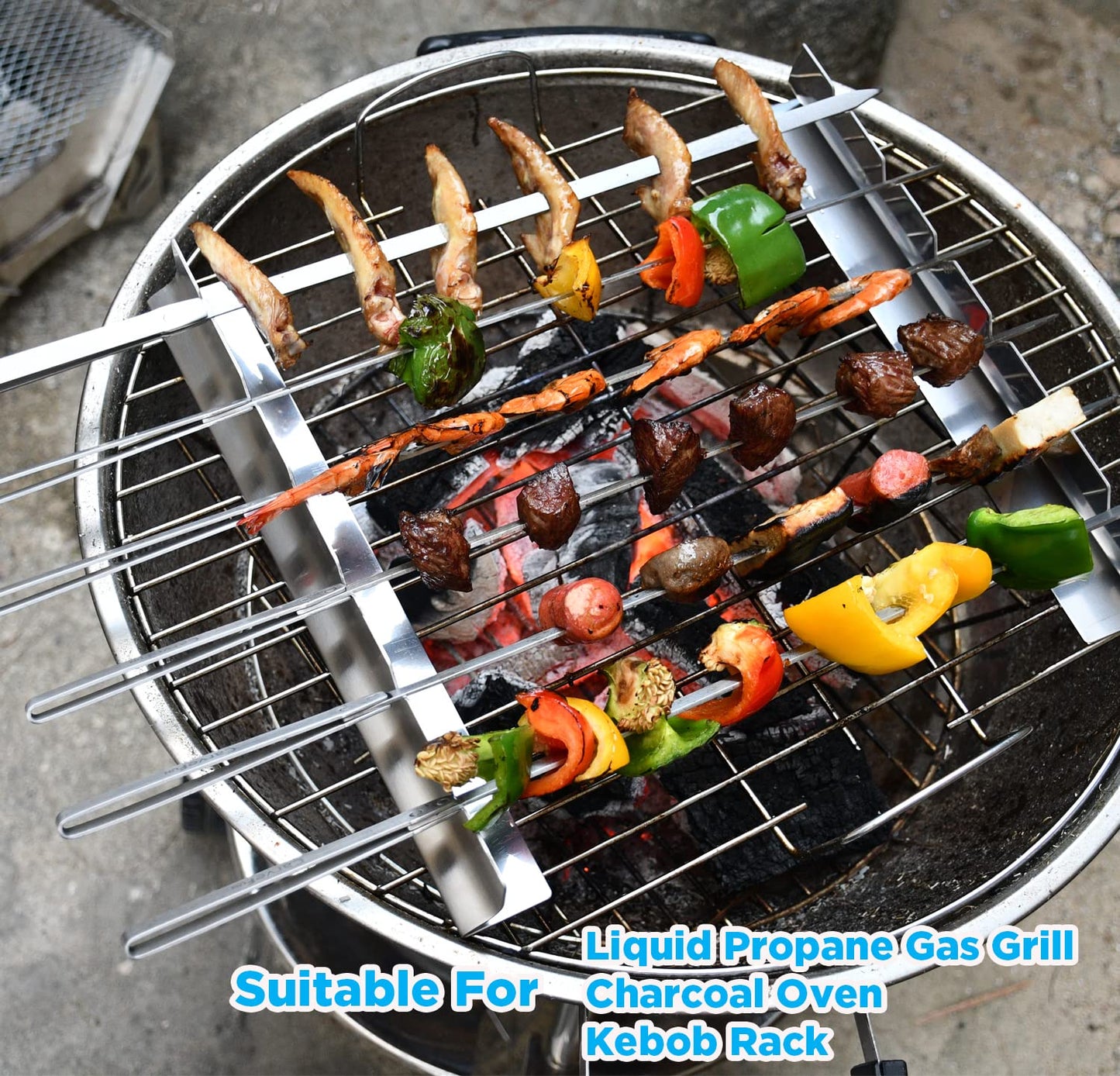 Carvefun Innovative Thermal Insulation Handle BBQ Skewers Set - 6 Stainless Steel Wide BBQ Kebob Sticks For Grill - Flat Metal With 1 Food Remover Bar - 16.7' Inch Metal Kabob Skewers