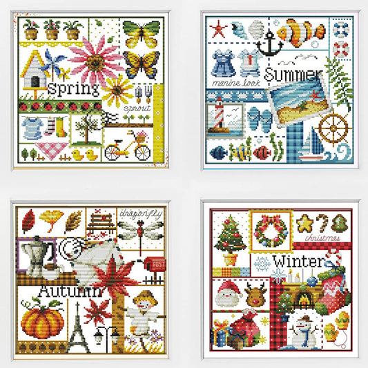 Awesocrafts 4 Pack Cross Stitch Kits, Four Seasons Easy Patterns Cross Stitching Embroidery Kit Supplies, Stamped or Counted (Four Seasons, Counted)