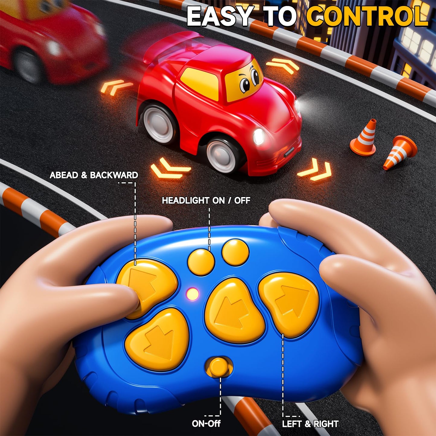 DULONIME Remote Control Car 2 Year Old, Toddler RC Cars Ages 2-4 Boy, 2-Pack 2.4 GHz Truck and Race Car with Sound and Light, Easy Electrical Remote Control Toy Gifts for Boys Girls 3 4 5+ Year Old