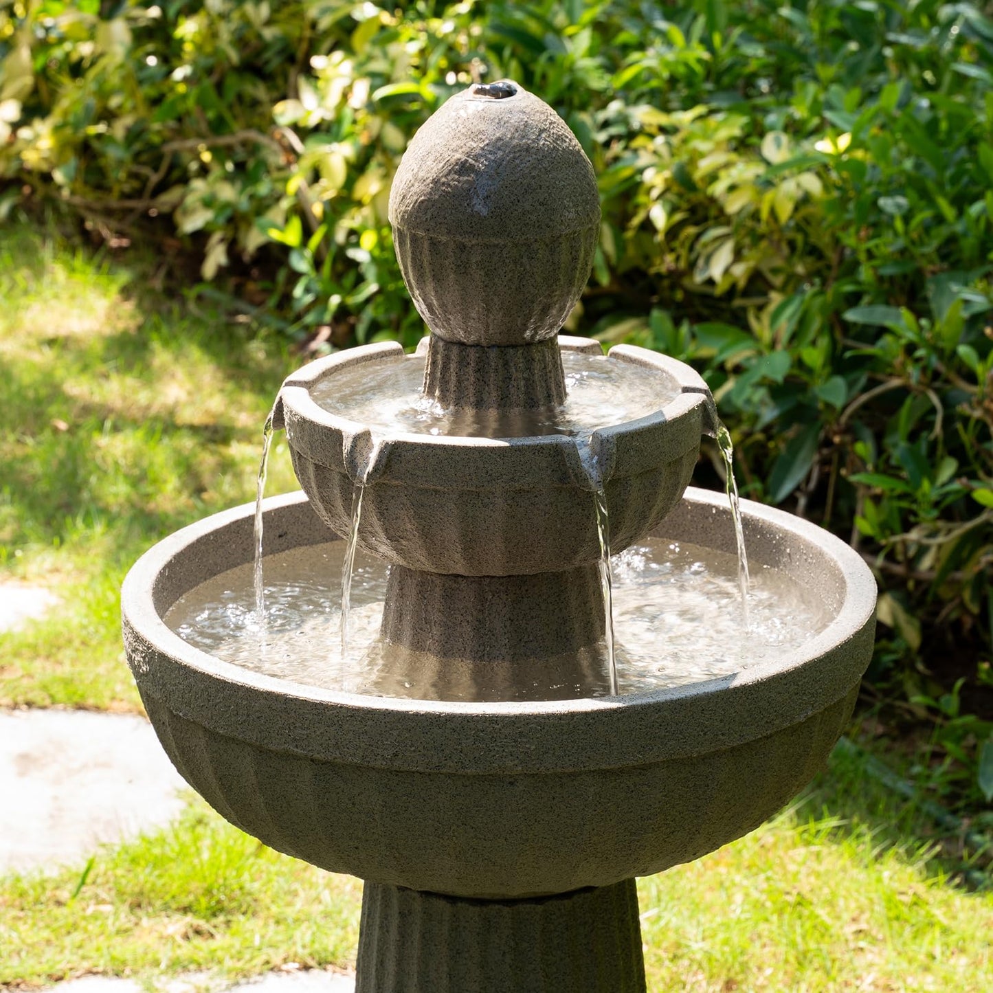 Puulye 37.80” H Outdoor Water Fountain Made with Eco-Friendly Recyclable Materials, Polyethylene Cascading Waterfall Water Fountain Outdoor, Garden Decor with LED Light for Patio, Backyard (Andesite)