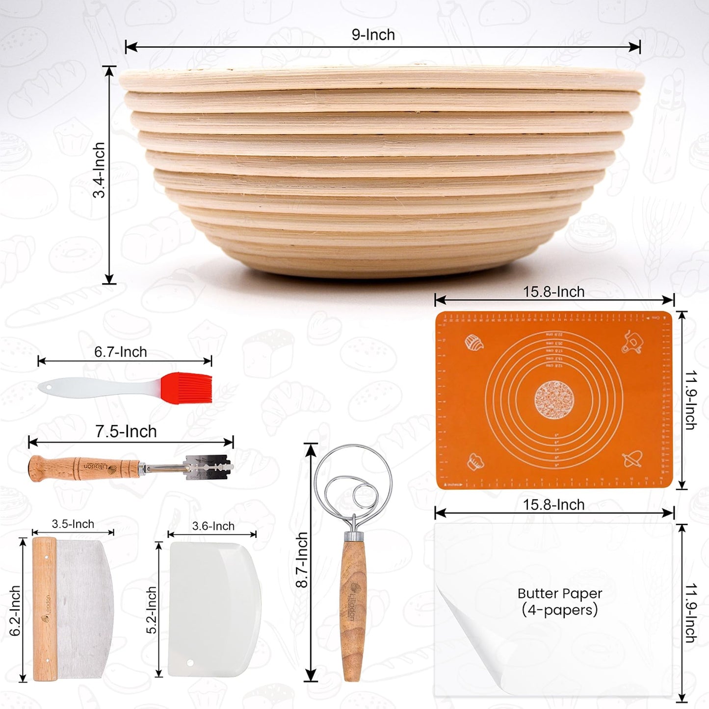 Liliadon Sourdough Starter Kit - Bread Proofing Basket Set - Baking Accessories - Gift Set
