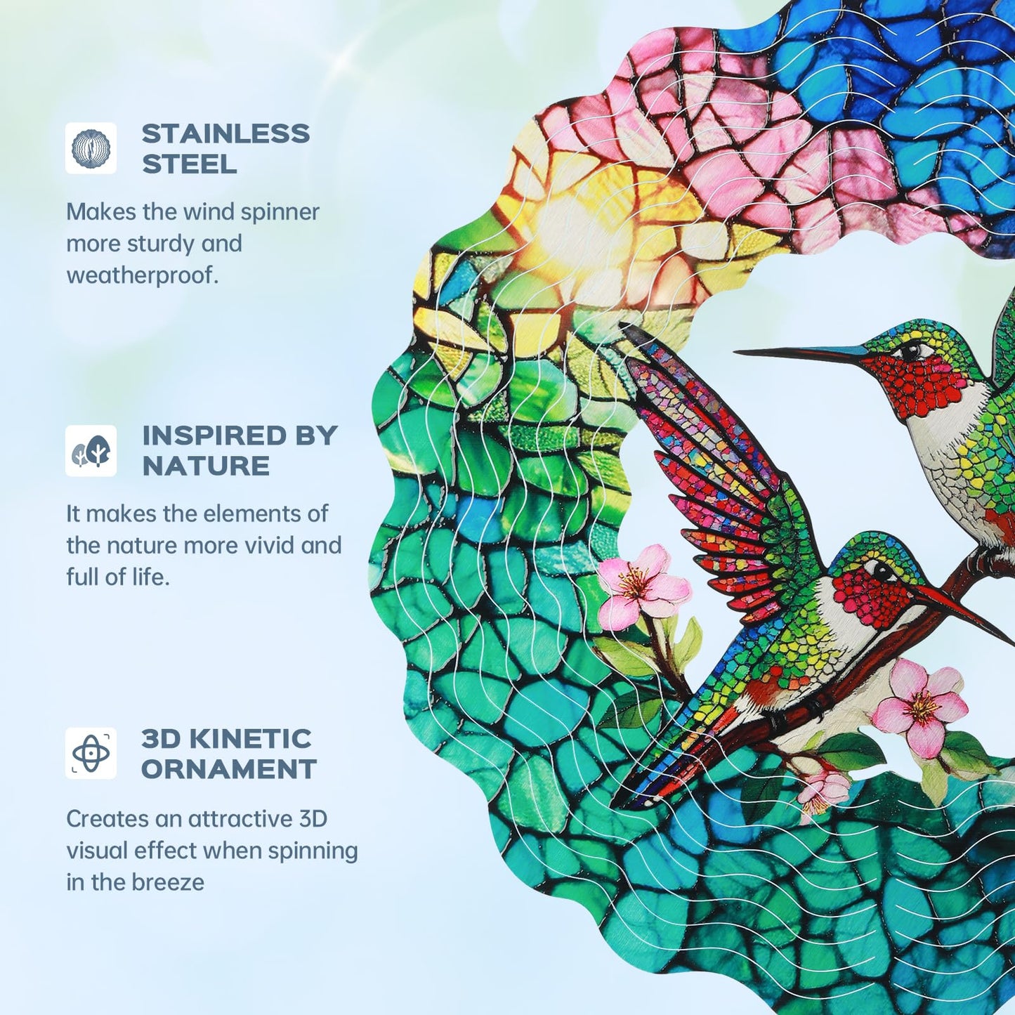 Hummingbird Wind Spinners Outdoor for Mother's Day, IDEA SHOW 12In Stainless Steel Wind Spinners, 3D Kinetic Hanging Spinners Sculpture for Women Mom, Metal Garden Decor Ornaments for Patio Yard Art