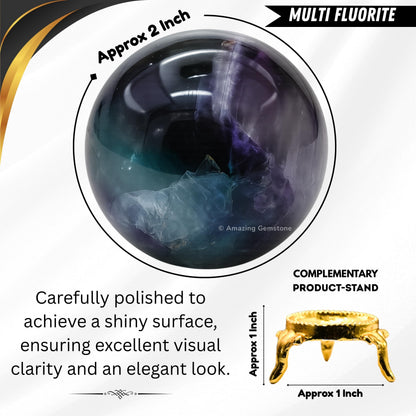 Amazing Gemstone Fluorite Crystal Ball with Stand - 2 Inches Crystal Sphere Meditation Balls for Witchcraft and Decorative Balls