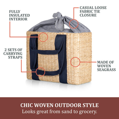 Picnic TIME Parisian Picnic Basket, Insulated Seagrass Picnic Basket, Waterproof, Stylish, Perfect for Picnics, Beach, Office Lunches, Dinner Parties, and Gifts (Beige with Navy Blue Accents)