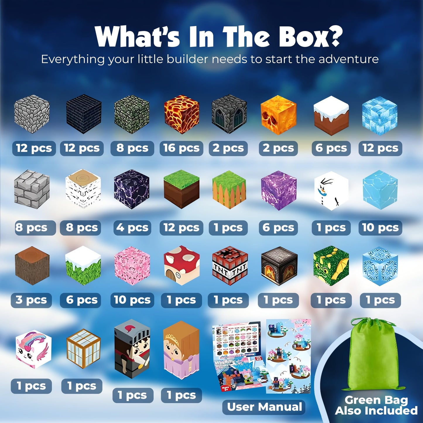 Va Health Magnetic Blocks | 150PCS Minecraft Magnetic Building Blocks, Storage Bag Included, STEM Toys for Kids Ages 3+, Magnetic Blocks for Kids Ages 4-8, Birthday Gifts for Boys and Girls