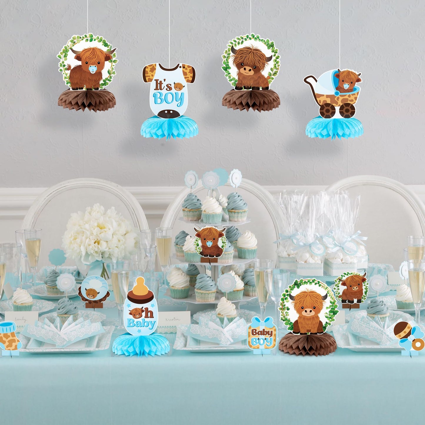 12Pcs Greenery Highland Cow Honeycomb Centerpieces Blue Highland Cattle Party Table Decoration It's a Boy Gender Reveal Cutout Welcome Baby Party Table Topper Photo Prop Decor