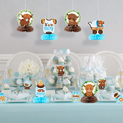 12Pcs Greenery Highland Cow Honeycomb Centerpieces Blue Highland Cattle Party Table Decoration It's a Boy Gender Reveal Cutout Welcome Baby Party Table Topper Photo Prop Decor
