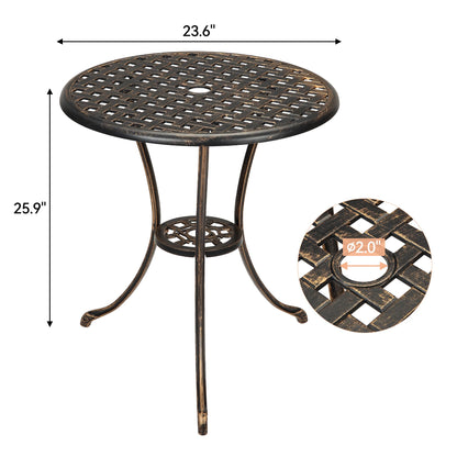 GarveeHome Patio Bistro Table, 24" Round Outdoor Coffee Table with 2" Umbrella Hole, Outdoor Cast Aluminum Bistro Table Side Table with Iron Frame for Balcony Backyard Lawn and Garden, Rustic Brown