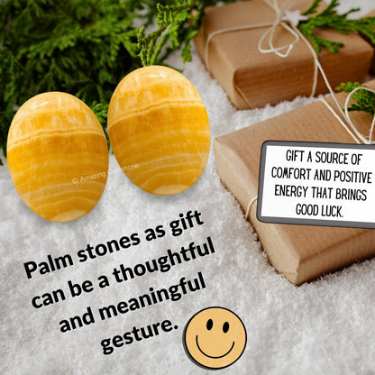 Yellow Calcite Crystals and Healing Stones - Large Palm Stone Crystals Piedra - Crystal for Good Luck, Positive Energy, Meditation - Unique Stocking Stuffers and Birthday Gifts for Women, Men