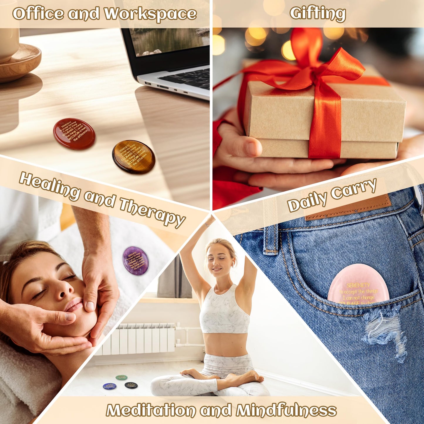 QINJIEJIE Tigers Eye Healing Crystals Serenity Prayer Worry Stones for Anxiety Engraved Inspirational Stones Anxiety Relief Items Sobriety Encouragement Gifts for Women Men
