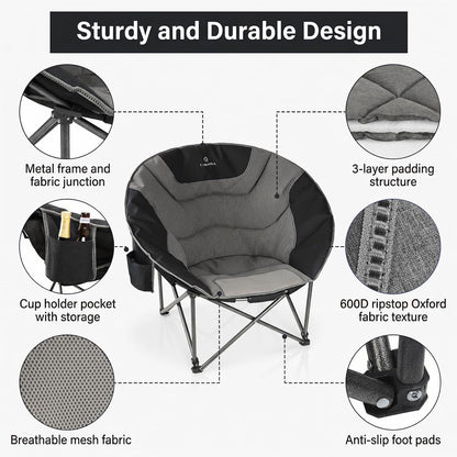 Oversized Camping Moon Chairs,Folding Round Padded Sofa Chair for Adults,Outdoor Lawn Chairs w/Side Pocket,Perfect for Indoor,Family Camping,Picnics and Garden,Black&Grey