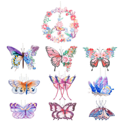16Pcs Butterfly Ornaments Floral Flower and Butterflies Wreath Acrylic Hanging Tree Ornament Pendant Garland Banner for Spring Summer Wedding Bridal Shower Baby Shower Tea Party Nursery Decorations
