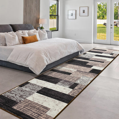 Indoor Runner Rug, Washable Runner Rug with Rubber Backing, Modern Geometric Patchwork Aesthetic Carpet for Bedroom, Living Room, Hallway, Entryway,Washable Rugs Rockwood Collection,2.7x10Ft Chocolate