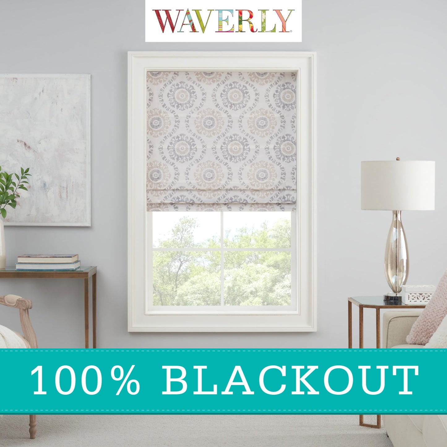 Waverly Adonis Medallion 100% Blackout Roman Shade, Cordless and Noise Reducing Window Shade for Privacy, Thermal Window Treatments for Energy Saving Benefits, 23 in Wide x 64 in Long, Natural